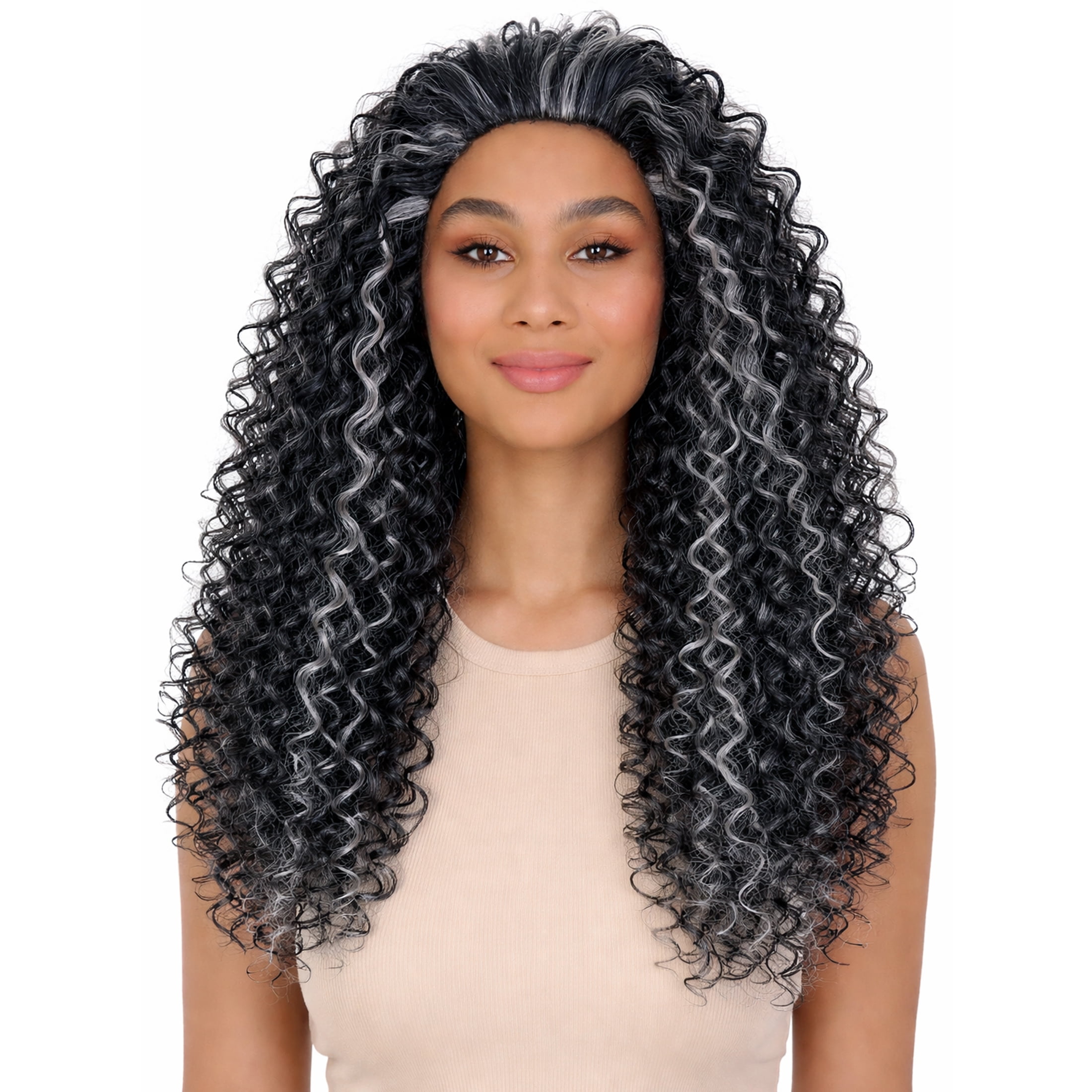 LUXLUXE Isadora Curly Body Waves 22.5 in Long Half Wig Half Cap Wig, Mix Human Hair and Synthetic Fibers, Dark Charcoal Gray Color