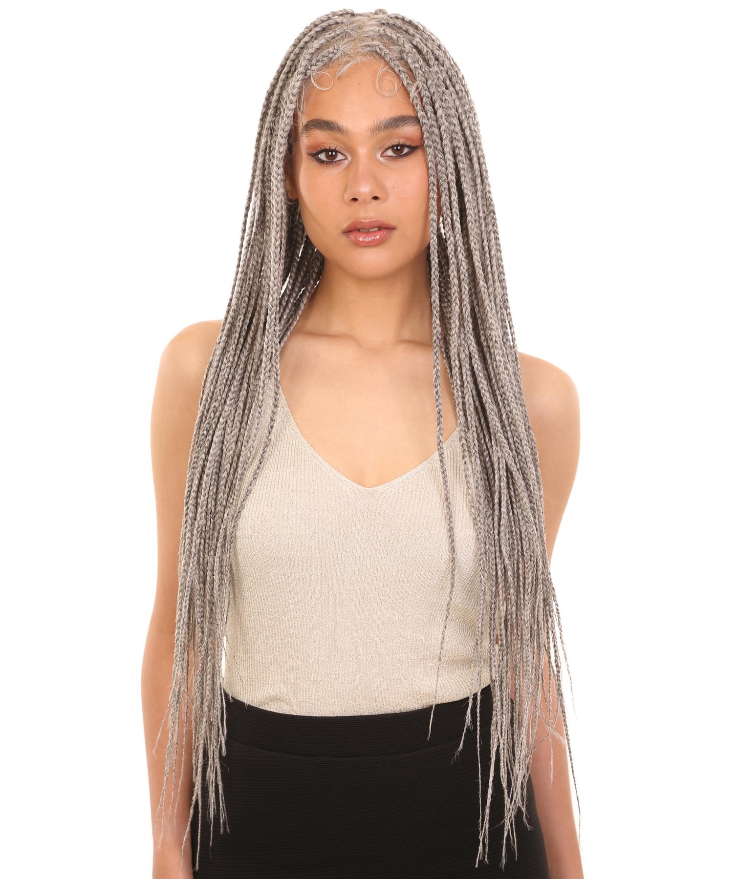 LUXLUXE Ivy 31-inches Full Hand-tied Box Braid Style Lace Wig with Baby Hair, Heat Resistant Fiber,(Grey)