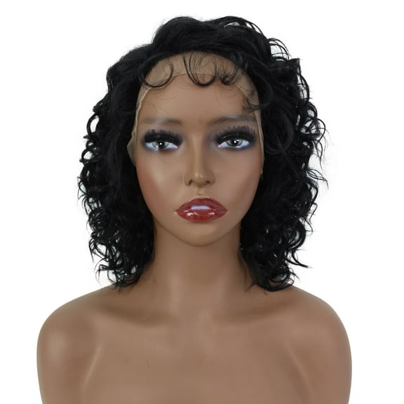 LUXLUXE Lanelle Curly Jaw-Length Cut 11 in Long Side Part Wig, Heat Stylable Human Hair, BLH-0007 (Natural Black)