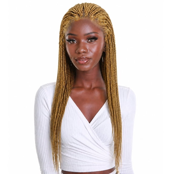 LUXLUXE Layla Straight 27.5 Inch Long 4X4 Hand-Tied Lace Braided Wig, Heat Resistant Fiber, Golden Blonde