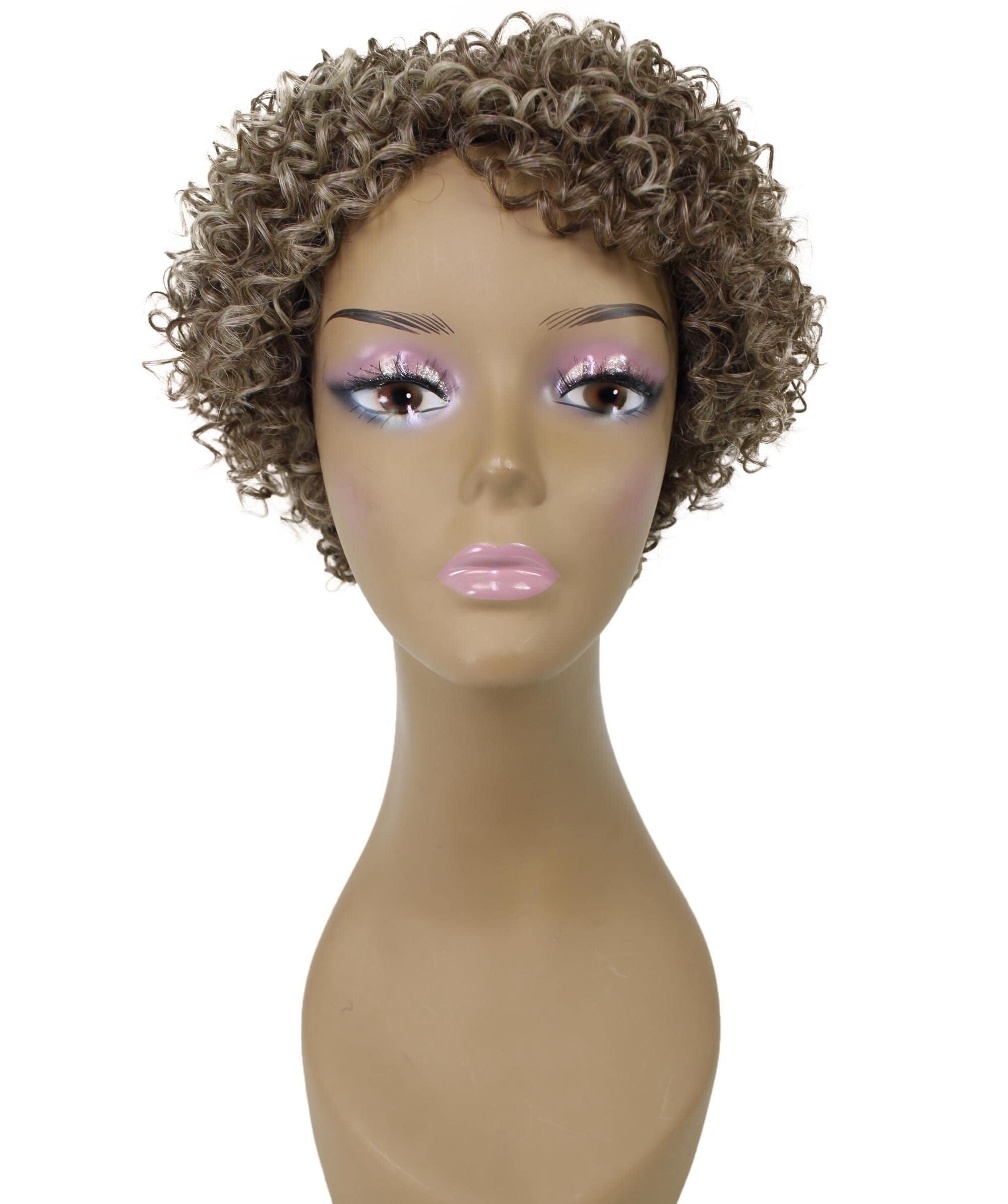 LUXLUXE Leila Curly Kinky 10 in Long Full Wig No Lace Wig, Heat Resistant Fibers, Brown and Blonde Highlights