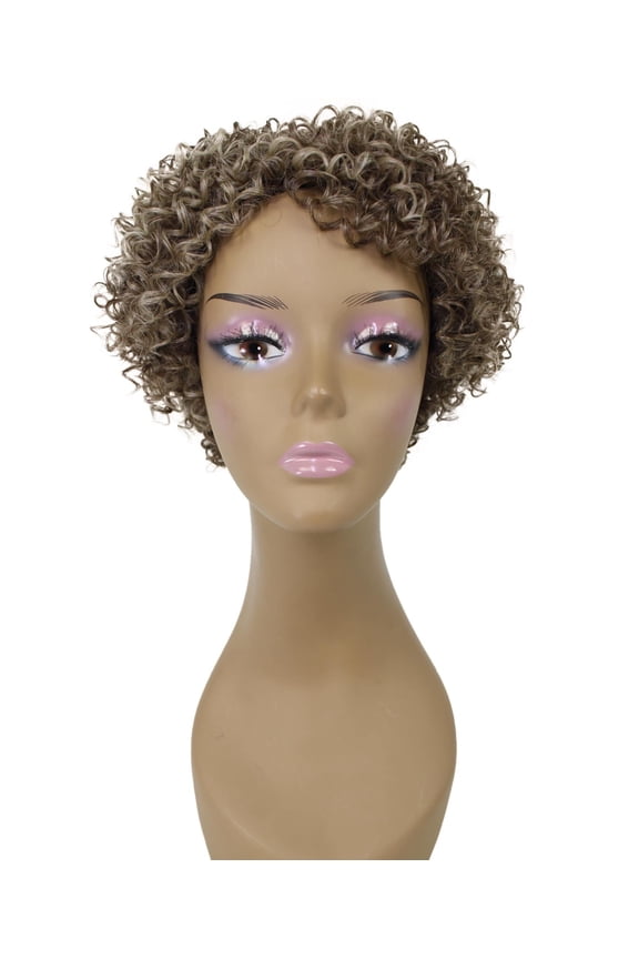 Leila Curly Kinky 10 in Long Full Wig No Lace Wig, Heat Resistant Fibers, Brown and Blonde Highlights