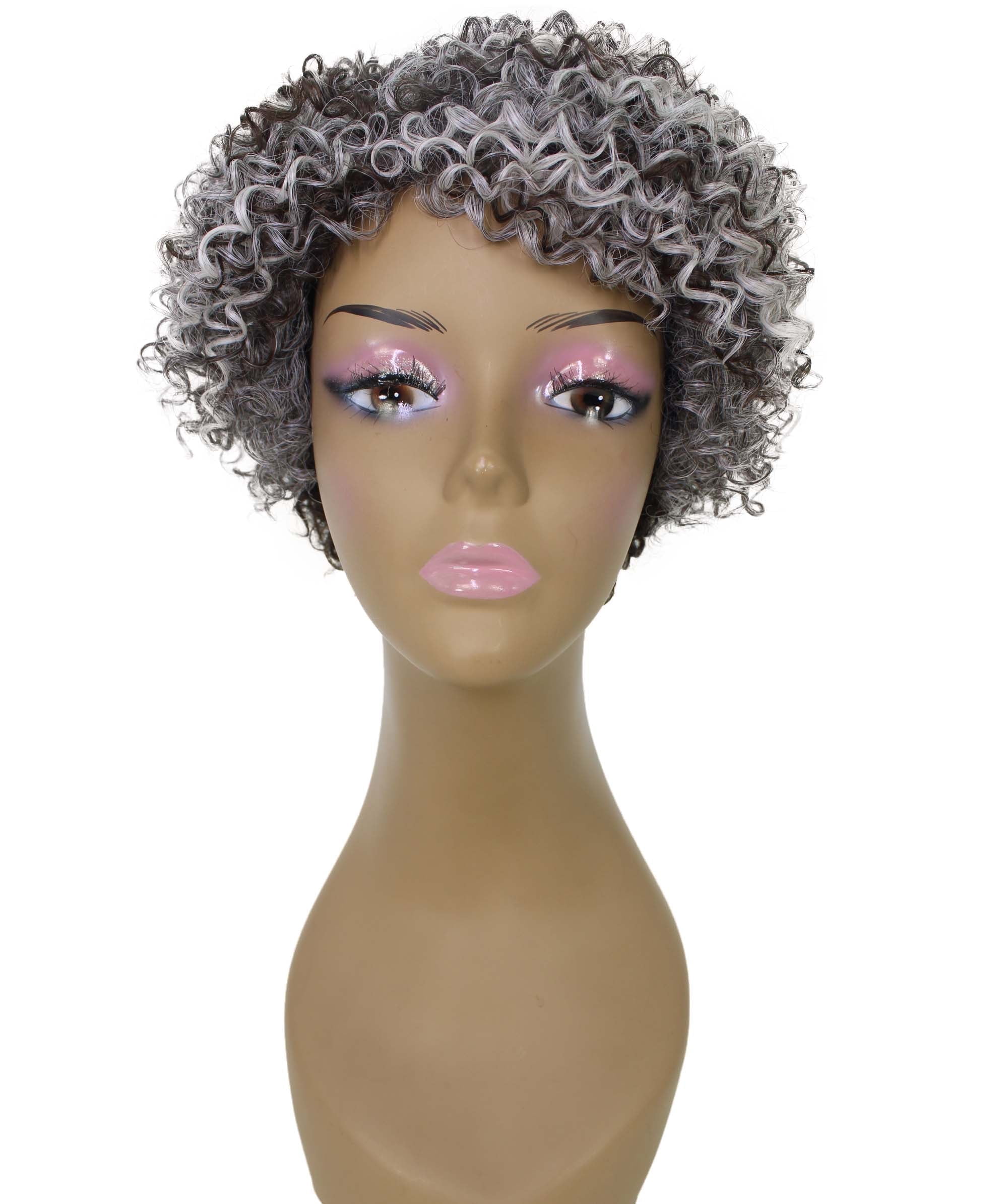 LUXLUXE Leila Curly Kinky 10 in Long Full Wig No Lace Wig, Heat Resistant Fibers, Charcoal Mixed Gray Color