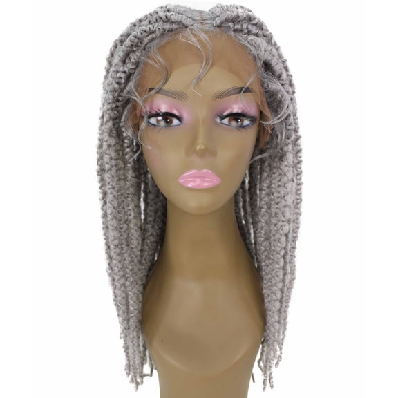 LUXLUXE Lika Curly Lika 24 in Long Lika 4X4 Hand Tied Lace Braid Braided Wig, Heat Resistant Fiber,Deep/Light Grey Highlights