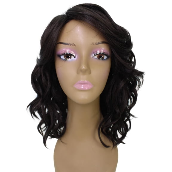 LUXLUXE Madison 14" Layered Full Wig Synthetic Should Length Wavy Wig with Side Swept Bangs for Party Daily Wears, Dark Brown