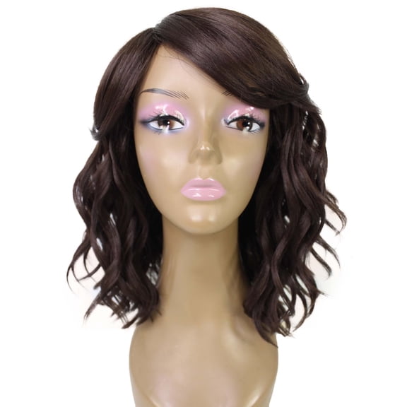 LUXLUXE Madison 14" Layered Full Wig Synthetic Should Length Wavy Wig with Side Swept Bangs for Party Daily Wears, Medium Brown Color