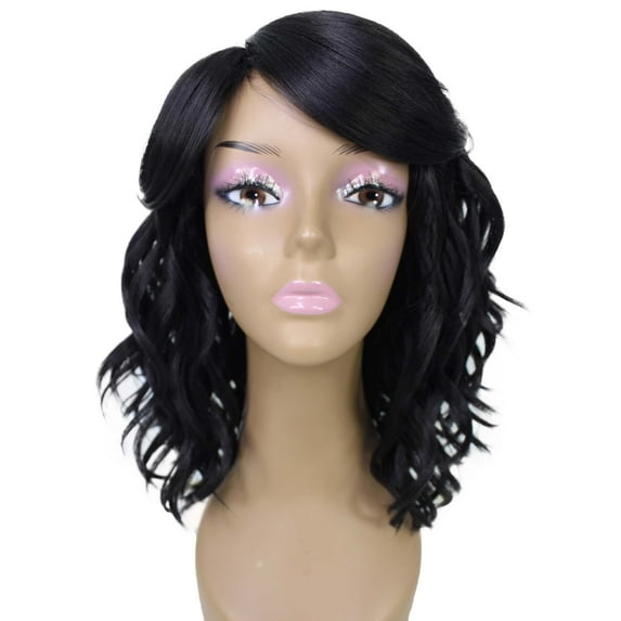 LUXLUXE Madison Wavy Layer 14 in Long Full Wig Full Cap Wig, Heat Resistant Fibers, Natural Black Color