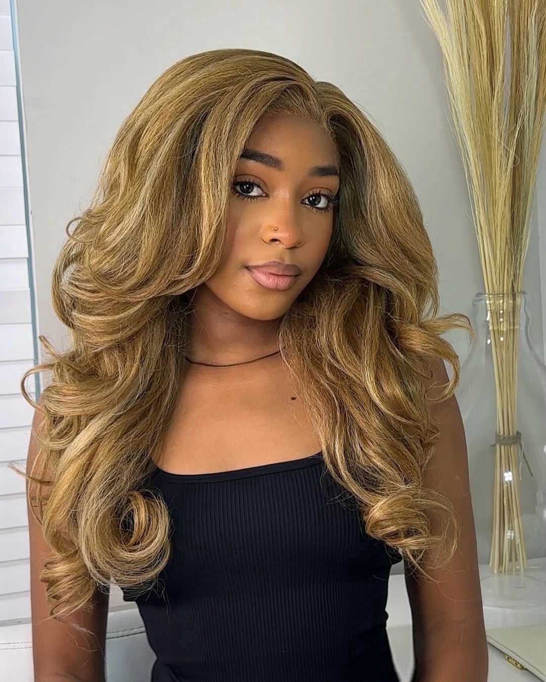LUXLUXE Nia 20" Layered Wig | HD Lace Front Layered Wig for Black Women, Pre-Plucked Glueless Synthetic Body Wave Wig for Party & Daily Wear, Brown with Caramel Color