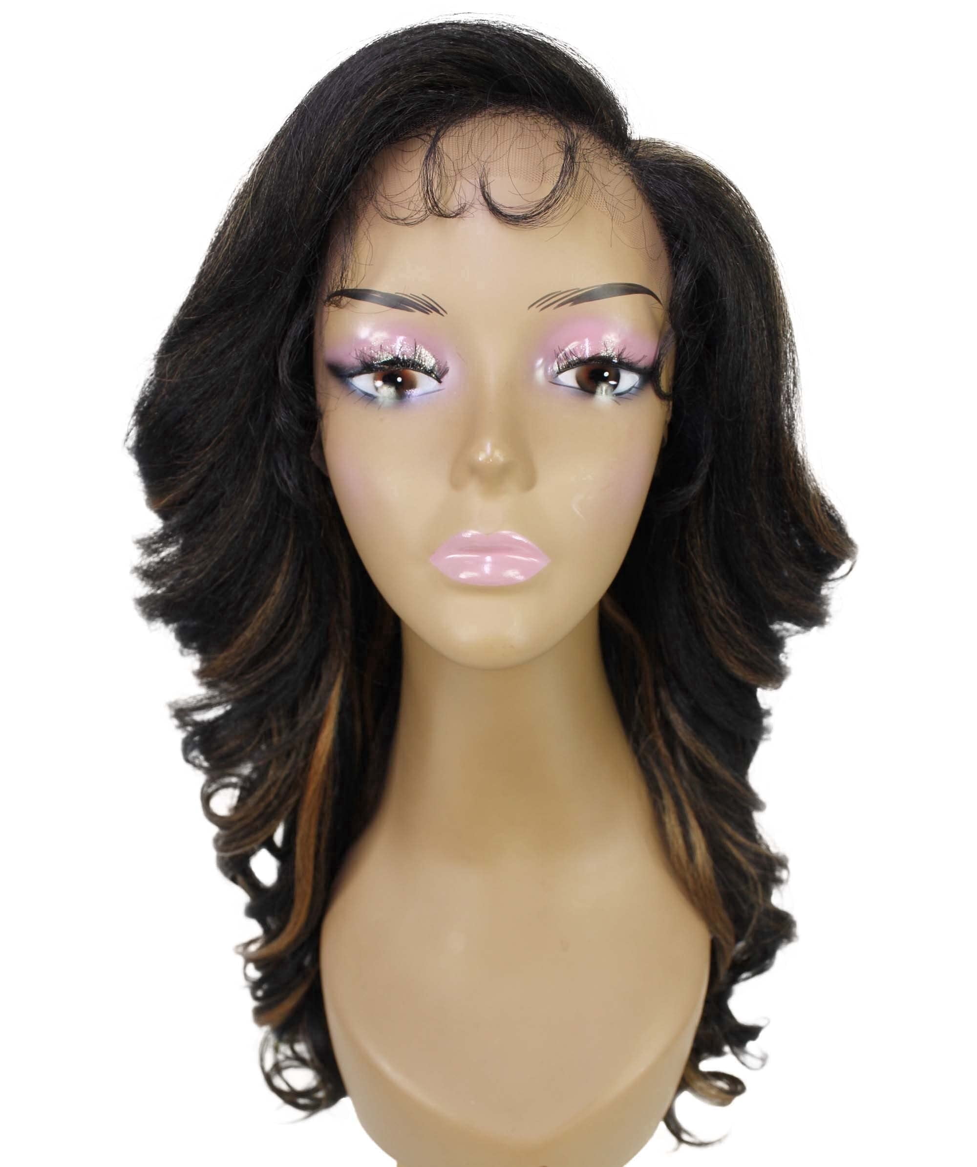 LUXLUXE Nia Wavy Glamour 20 in Long T Part Lace Front Wig, Heat Resistant Fibers, Dip Dyed, & Blended Brown with Golden Highlights Colors