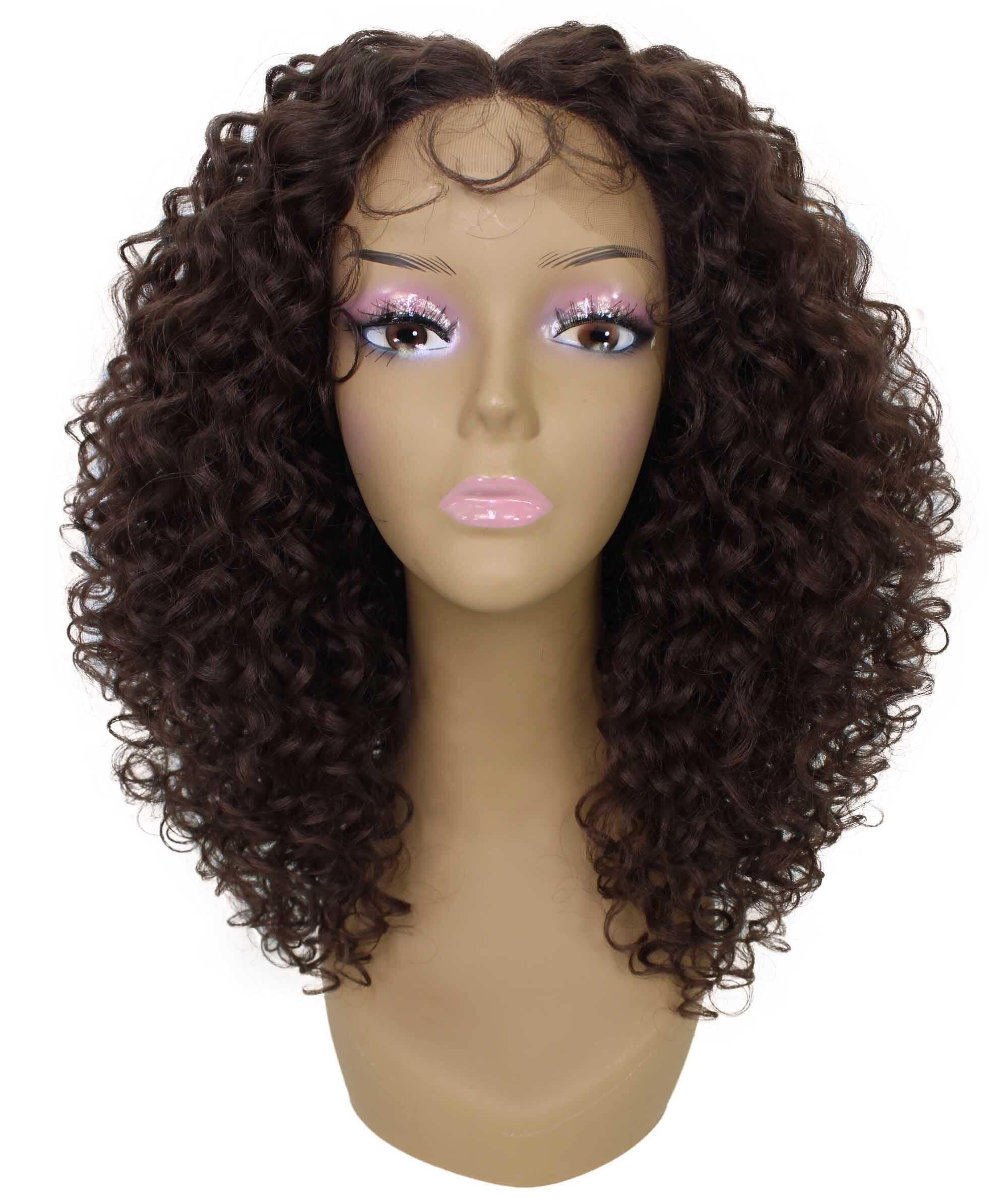 LUXLUXE Precious Curly Curly 17 in Long Lace Front Wig, Heat Resistant Fibers ,Medium Brown