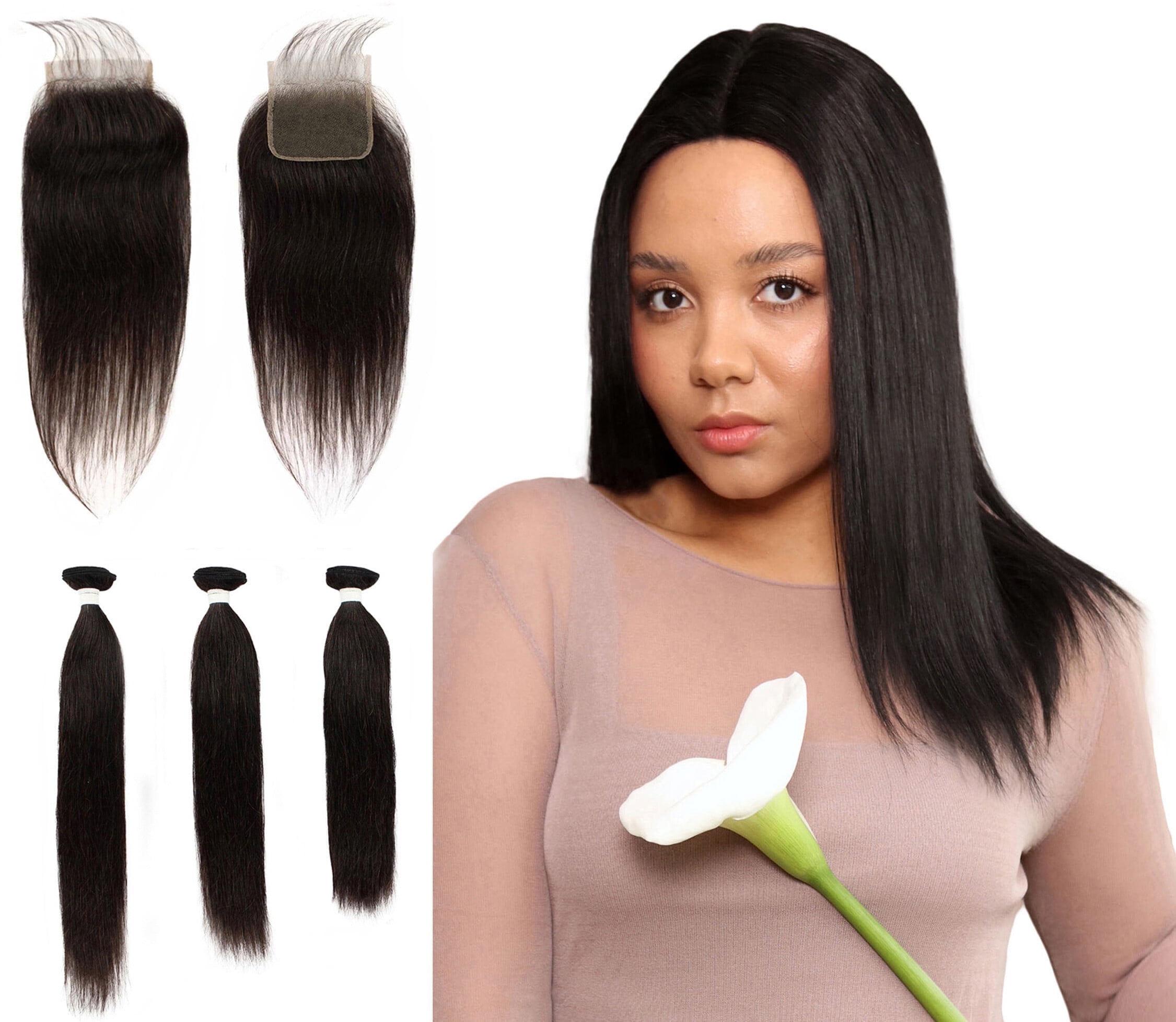 LUXLUXE Women Rico 100% Human Hair Bundle Free Part 4X4 Hand Tied Swiss Lace Closure