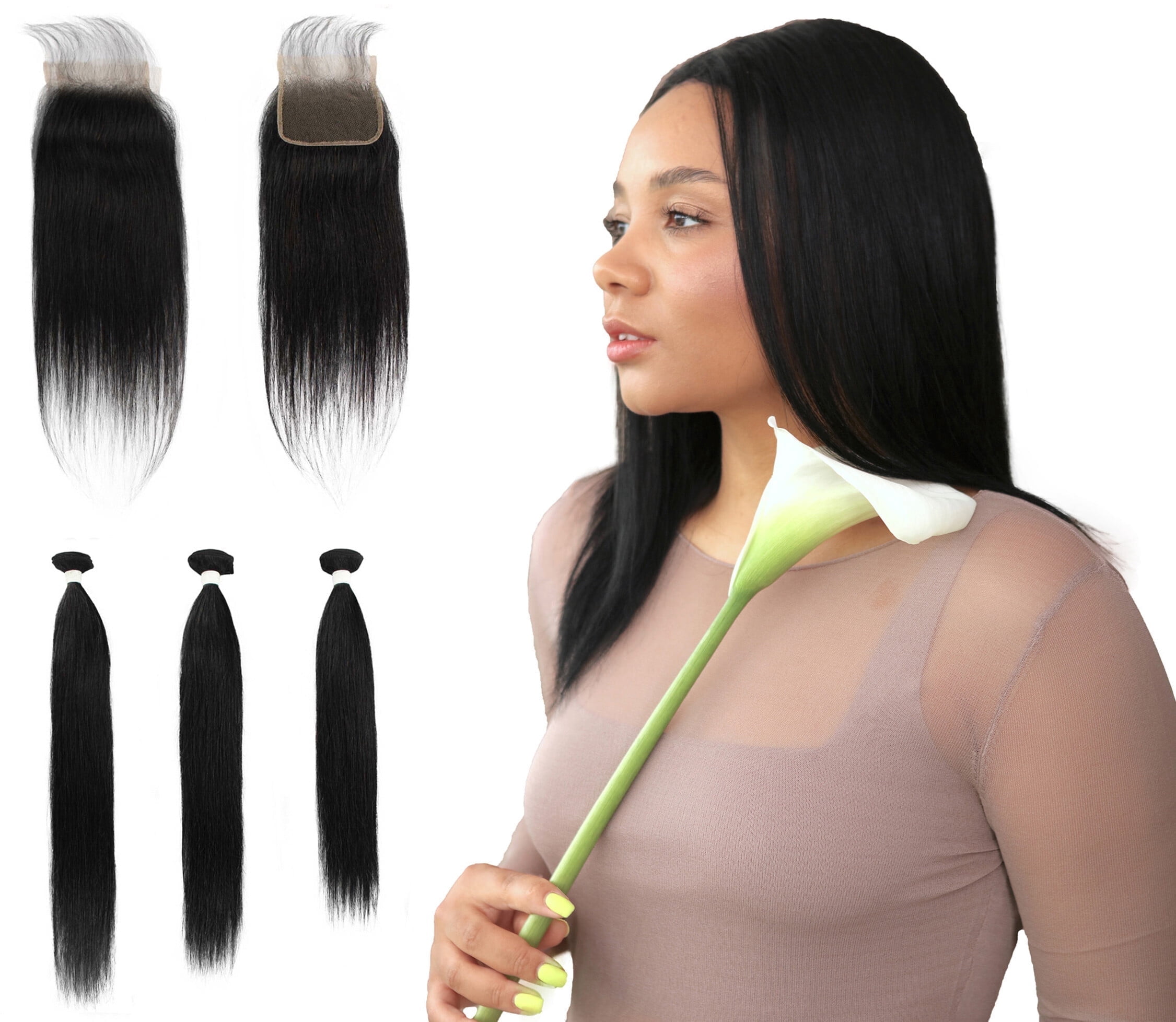 LUXLUXE Rico 100% Unprocessed A7 Grade Human Hair Bundle Free Part 4X4 Hand Tied Swiss Lace Closure 10 inches 101214 lengths bundle