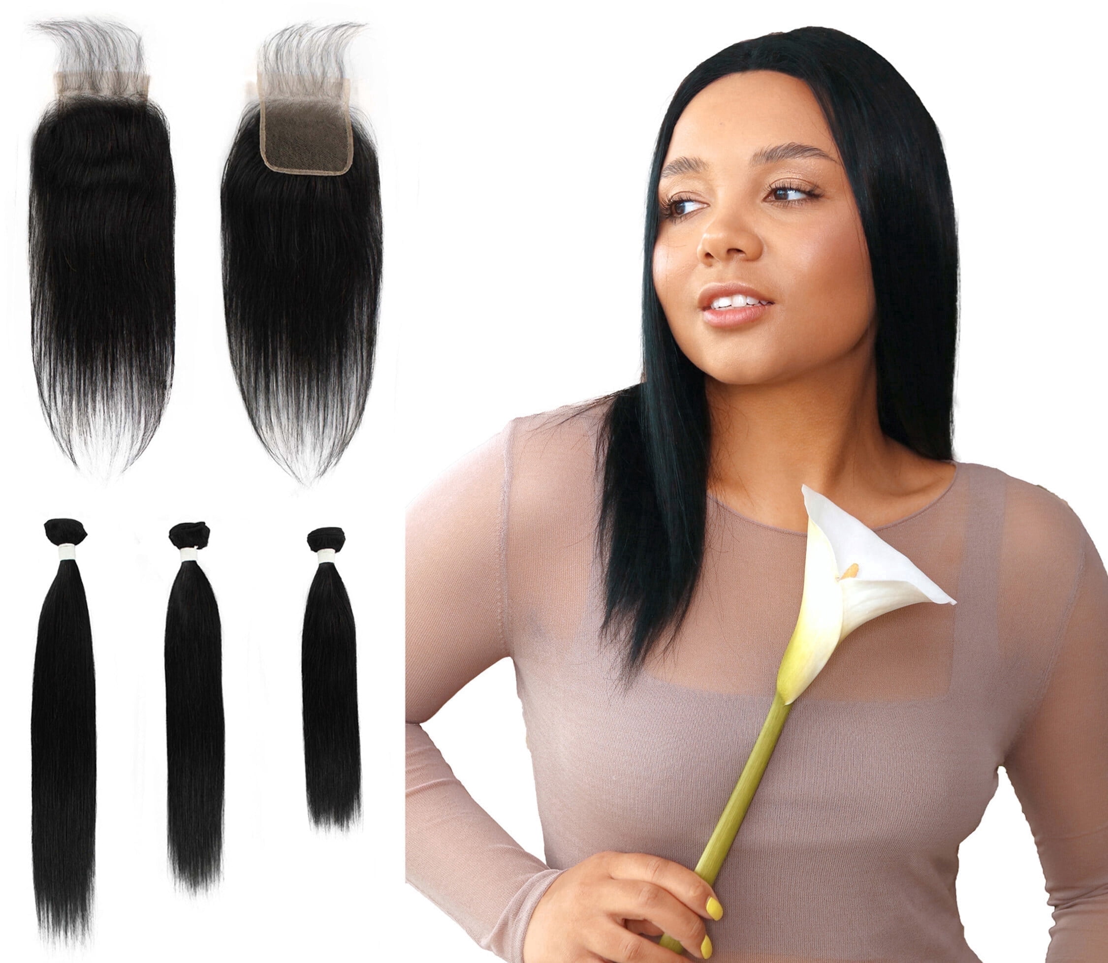 LUXLUXE Women Rico 100% Unprocessed A7 Grade Human Hair Bundle Free Part 4X4 Hand Tied Swiss Lace Closure
