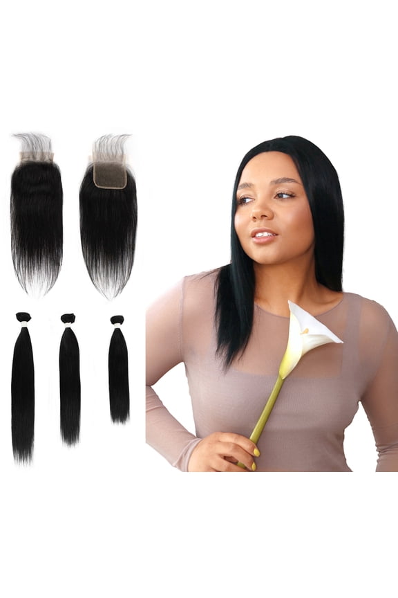 Women Rico 100% Unprocessed A7 Grade Human Hair Bundle Free Part 4X4 Hand Tied Swiss Lace Closure