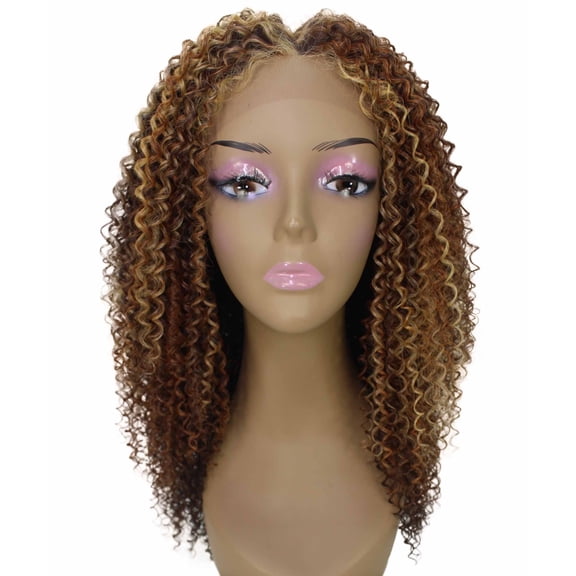 LUXLUXE 22" Curly Synthetic Ringlet Wig 4x4 HD Lace Heat Resistant Natural Middle Part Hairline for Wedding Party Daily Wear, Auburn Brown Blend