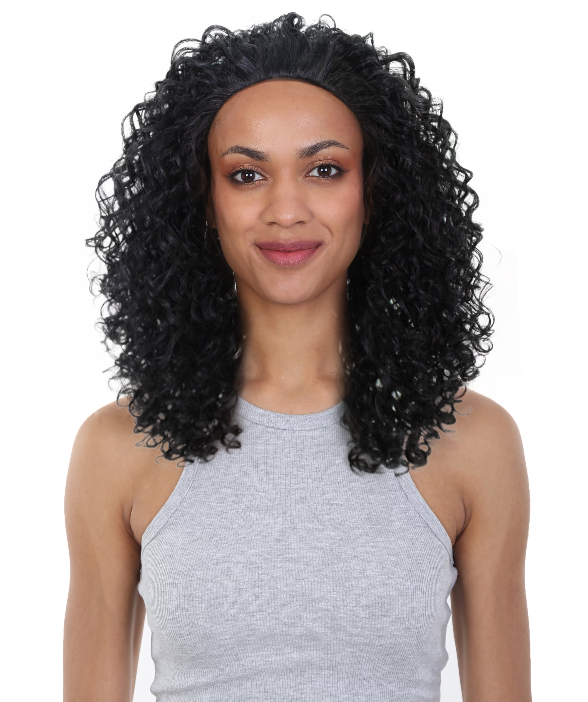 LUXLUXE Tatiana Curly Body Waves 15 in Long Half Wig Half Cap Wig, Mix Human Hair and Synthetic Fibers, Black Color