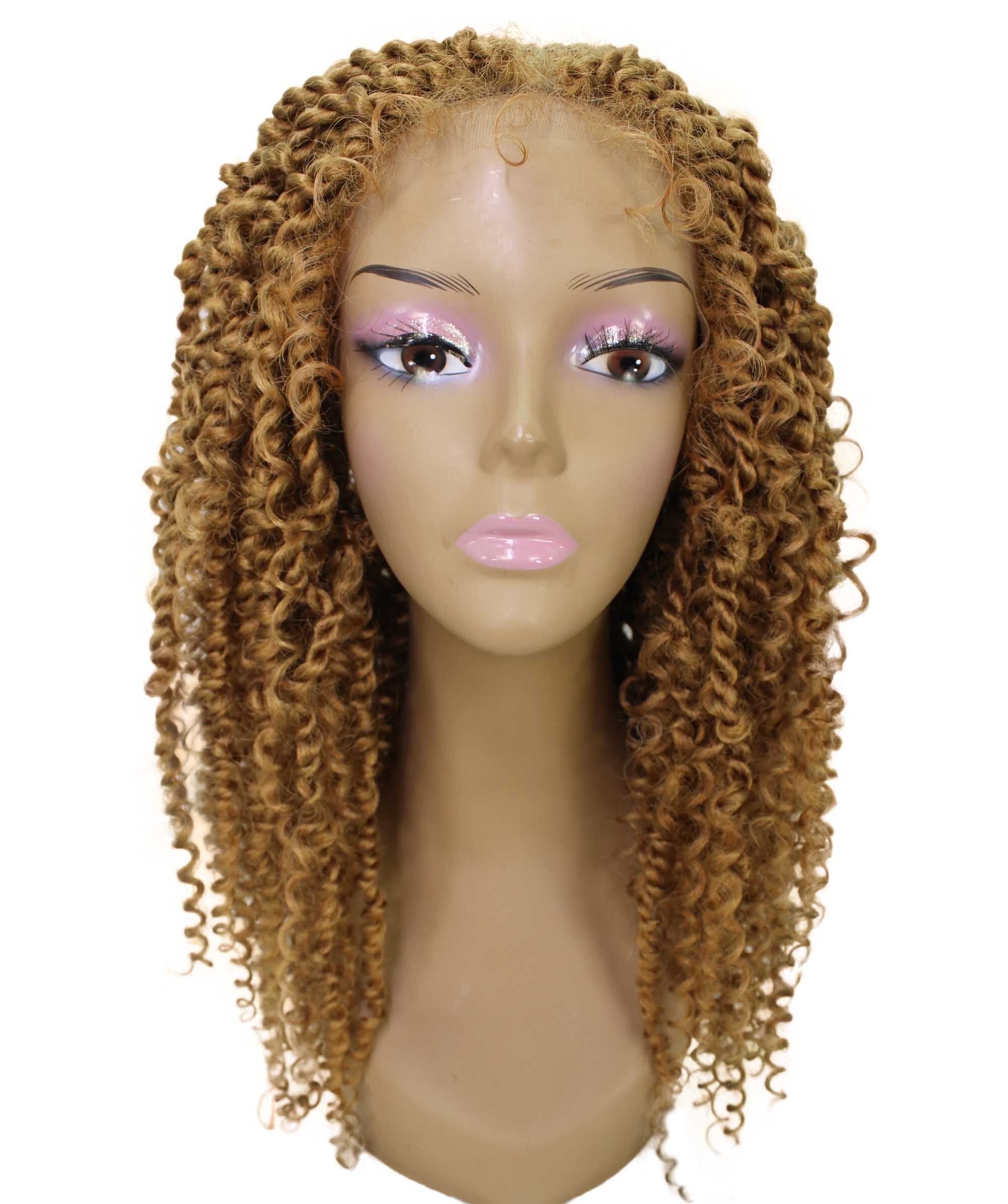 LUXLUXE Tierra Curly 19 in Long 4x4 Hand Tied Lace Braid Braided Wig, Beauty Heat Resistant Fiber, Golden Blonde Color