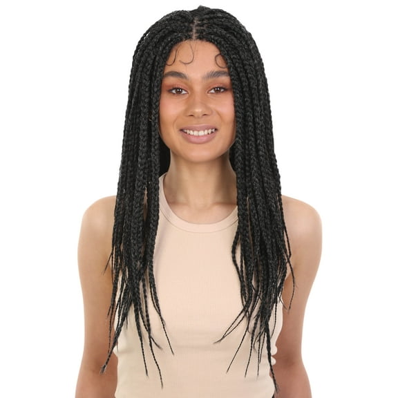 LUXLUXE Uyai Straight 23 Inch 4X4 Hand-Tied Lace Braided Wig, Heat Resistant Fiber, Salt & Pepper Grey