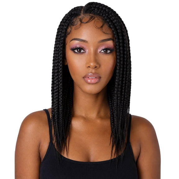 LUXLUXE Women's Jet Black Braided Wig, Long Box Braid Style Synthetic Hairpiece with Center Part