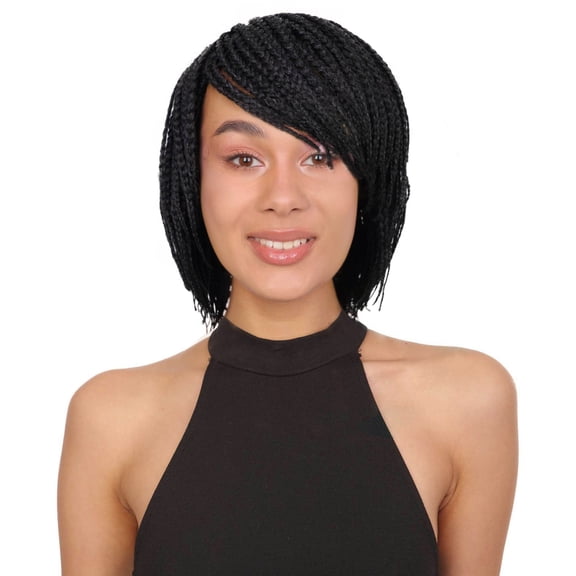 LUXLUXE Women's Natural Black Braided Bob Wig, Short Synthetic Hairpiece with Side Swept Bangs