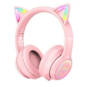 LUXMO PREMIUM Cat Ear Bluetooth Headphones, LED Light Up Over Ear Wireless Headphones with Microphone, Comfort Foldable Headset for Kids & Adults
