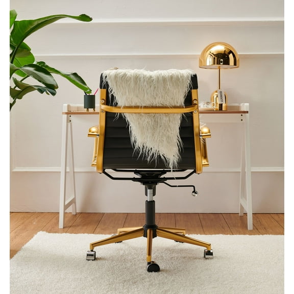LUXMOD Gold Office Chair in Black Leather, Mid Back Office Chair with Armrest, Black and Gold Ergonomic Desk Chair for Back Support, Modern Executive Chair Black and GoldGold Swivel Chair Black