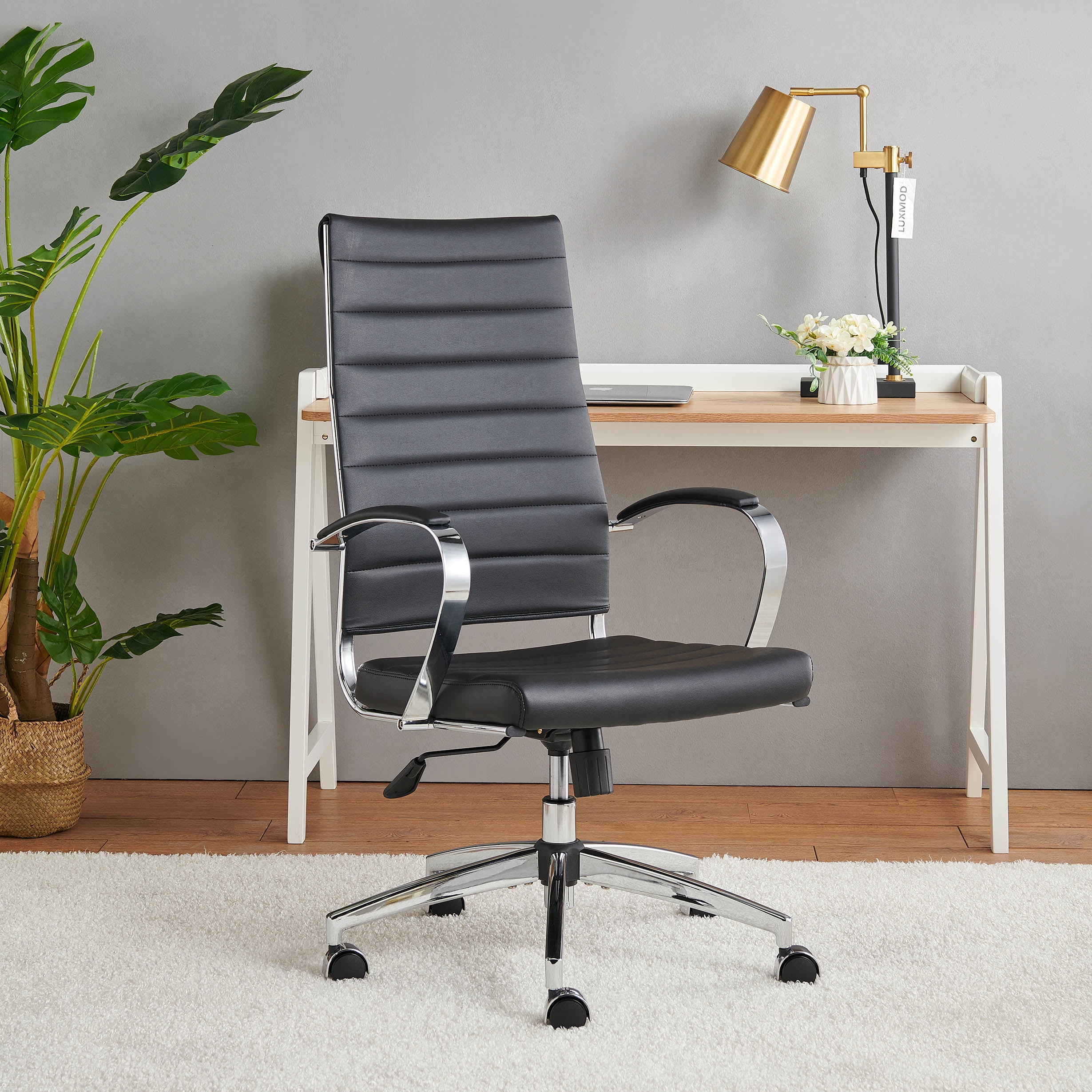 Modern High-Back Black Vegan Leather Swivel Executive Chair