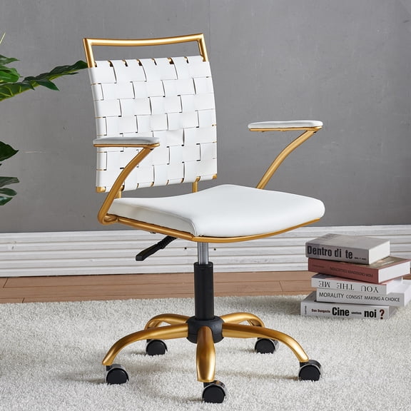Vanity Mid Back Swivel Desk Chair - White Leather, Gold, Lumbar Support