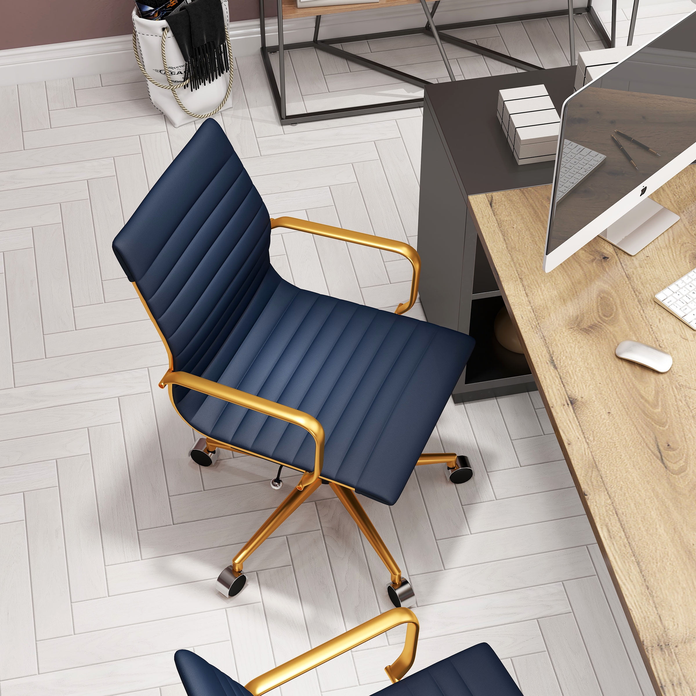 LUXMOD® Mid Back Gold Office Chair in Blue Leather, Adjustable Swivel Chair in Durable Vegan Leather, Ergonomic Desk Chair for Extra Back & Lumbar Support, Modern Executive Chair