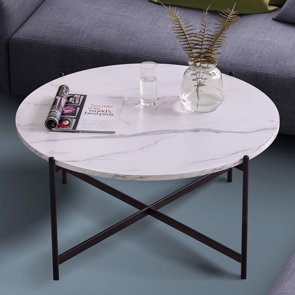 LUXMOD Modern Round Coffee Table,Golden Metal Frame with Marble Color Top-36”