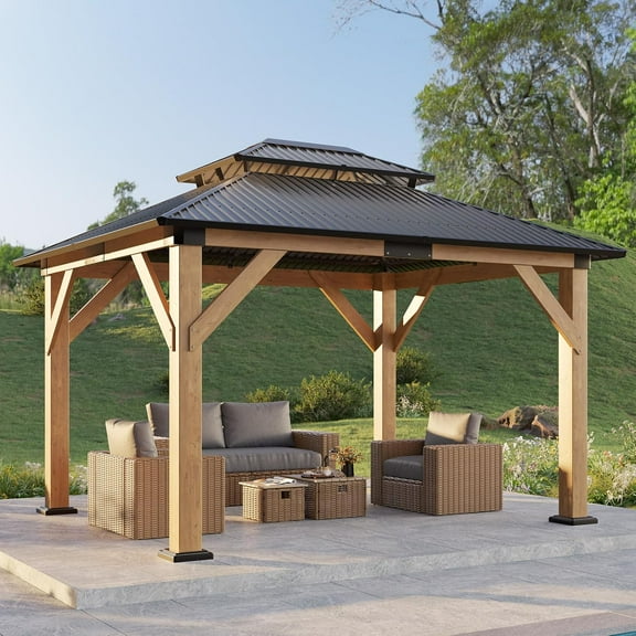 LUXOAK 10x12 Gazebo, Wood Pavilion with Hardtop Aluminum Double Roof, Outdoor for Parties
