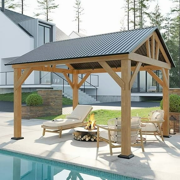 LUXOAK 10x12 ft Hardtop Wood Gazebo with Steel Gable for Garden, Porch, Patio