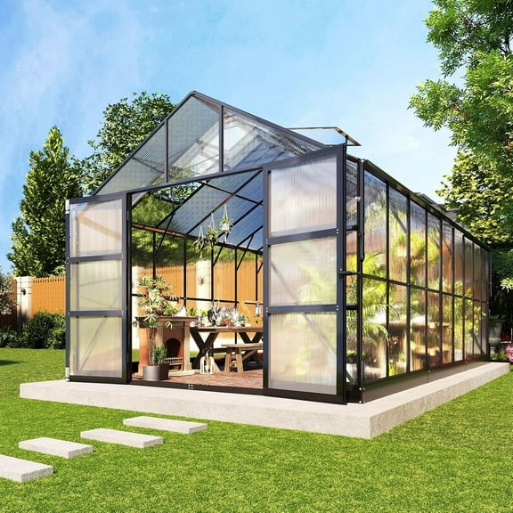 LUXOAK 10x18 ft Polycarbonate Greenhouse with 4 Roof Vents & Rain Gutter, Heavy Duty Aluminum Greenhouse for Outdoor Garden Backyard, Black