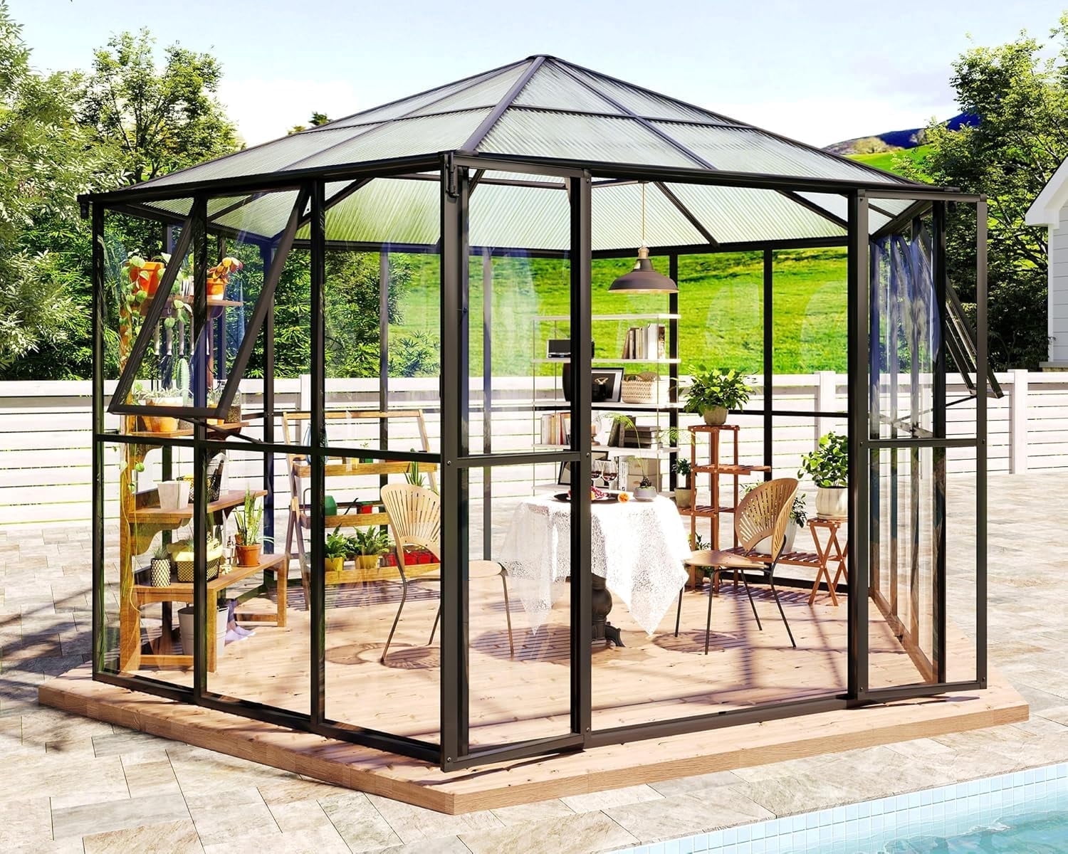 LUXOAK 12x10x8 ft Hexagonal Greenhouse for Outdoors, Quick-Connectors, Aluminum Frame with 2 Vents, 2 Swing Doors, Walk-in Design for Garden, Black