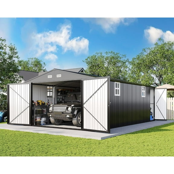 LUXOAK 13.2x20.7x8.4 ft Outdoor Storage Shed, Huge Metal Shed with 2 Double Hinged Doors and 4 Windows, Carport for Car, Truck, Bike, Dark Grey