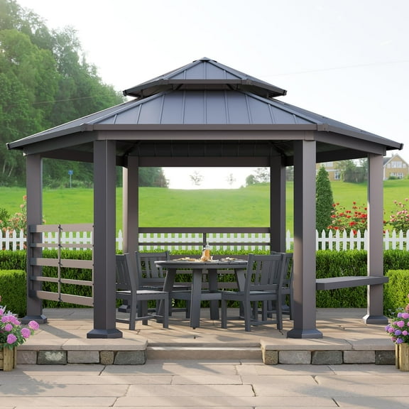 LUXOAK 13x15 FT Hardtop Gazebo, Hexagon Metal Patio Pavilion, Double Roof with Aluminum Foot