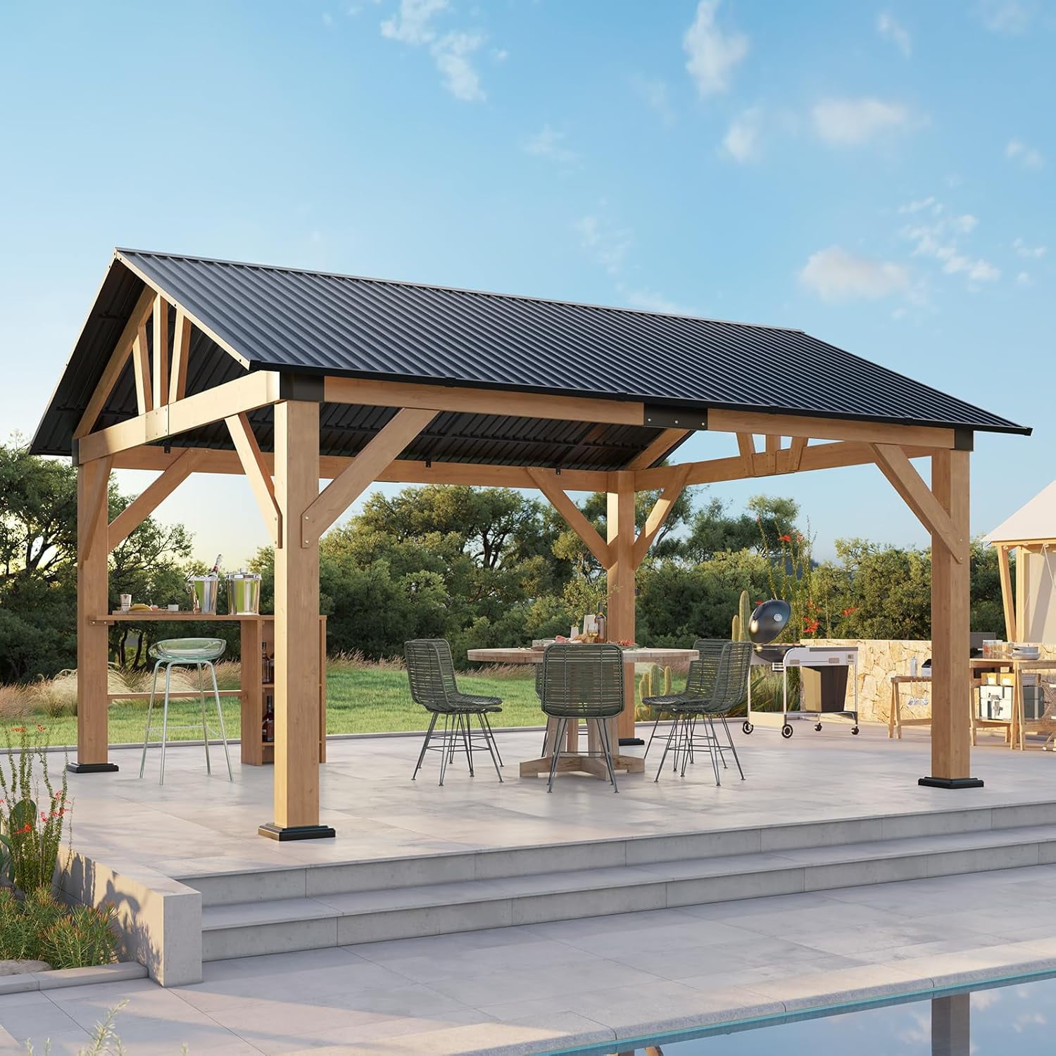LUXOAK 13x15 ft Wood Gazebo with Bar Storage, Hardtop Pavilion & Steel Gable Roof