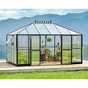 LUXOAK 14x9.5x9 ft Polycarbonate Greenhouse Double Swing Doors 2 Vents 6ft Height, Black