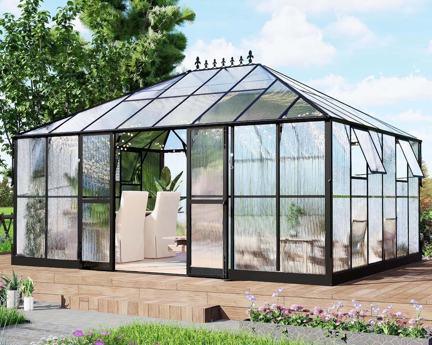 LUXOAK 16x12x9.5 ft Polycarbonate Greenhouse, Aluminum with 2 Vent Windows and Rain Gutter, Double Doors with Hook, Walk-in for Garden Backyard