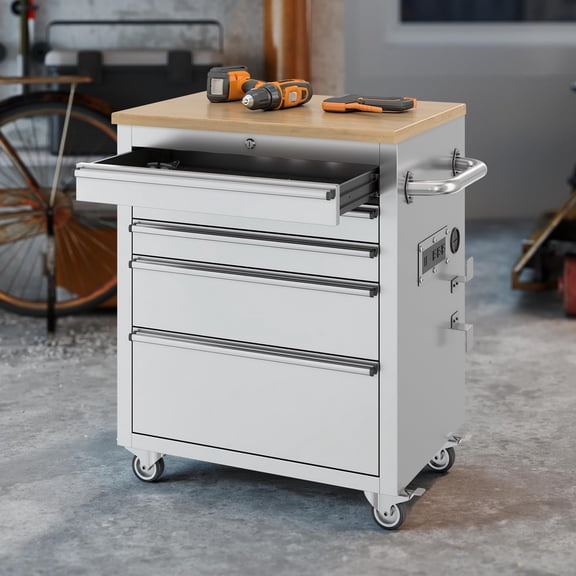 LUXOAK 26 inch Rolling Tool Chest with 5 Drawers, 560 lbs Capacity, Wheels and Power Outlets, for Garage, Workshop and Home Use, Silver