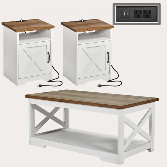 LUXOAK 3-Piece Farmhouse Table Set, Coffee Table & Two End Tables, USB Ports, Distressed White