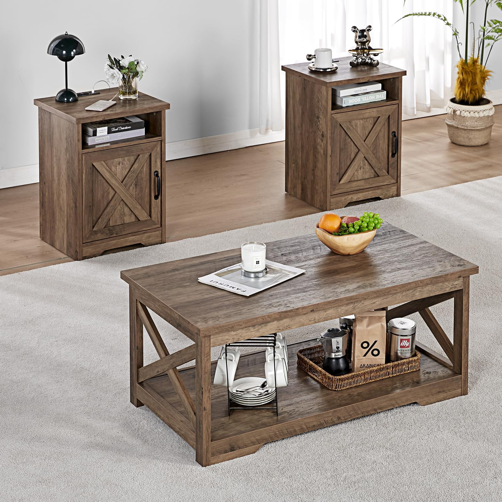 Barnwood Farmhouse 3-Piece Coffee and End Table Set with USB Ports