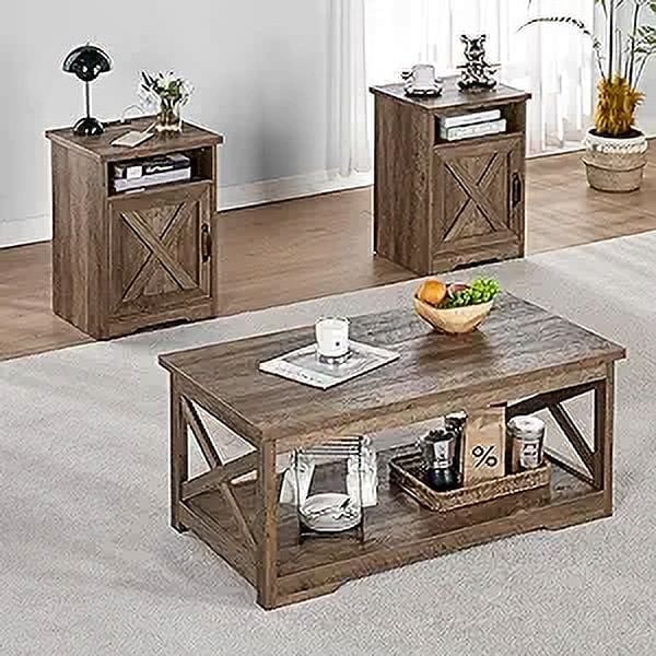 Barnwood Farmhouse 3-Piece Coffee and End Table Set with USB Ports