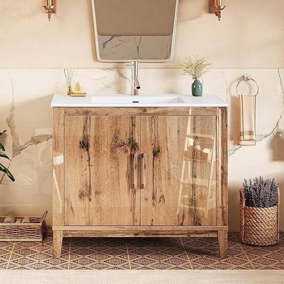 LUXOAK 39" High Gloss Freestanding Bathroom Vanity with Sink Combo, Yellow Oak