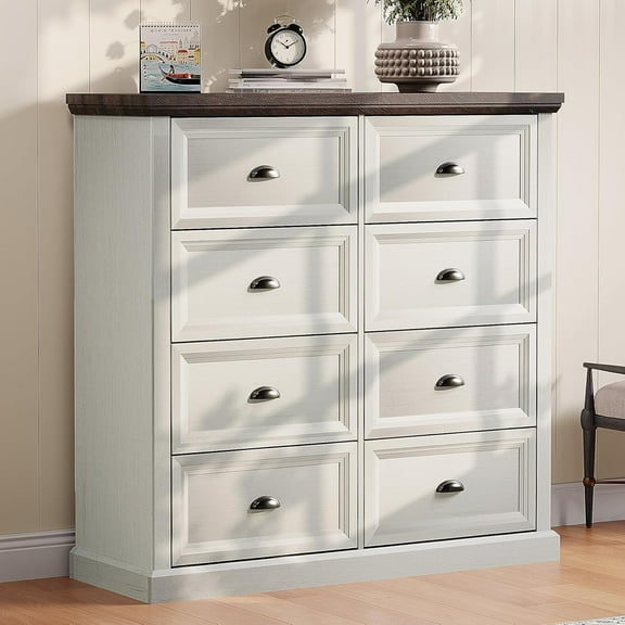 LUXOAK 42" Dresser for Bedroom, 8-Drawer Farmhouse Dresser, Living Room Storage, Rustic White