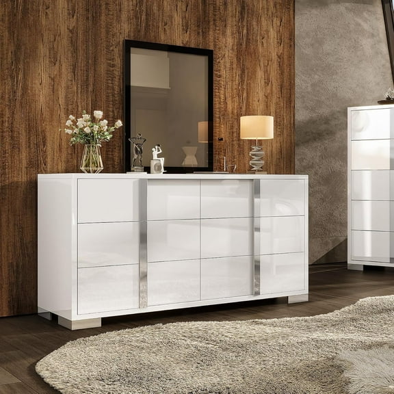 LUXOAK 54" High Gloss 6 Drawer Dresser, Modern Storage Chest for Bedroom, White