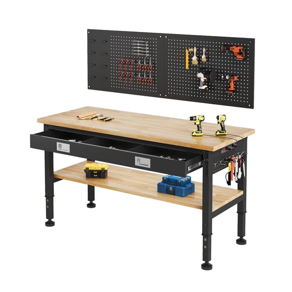 LUXOAK 60" 2-Tier Heavy Duty Work Bench with Drawer & Pegboard, Workbench with Storage, Adjustable Height – 3160 lbs, for Garage, Home Use