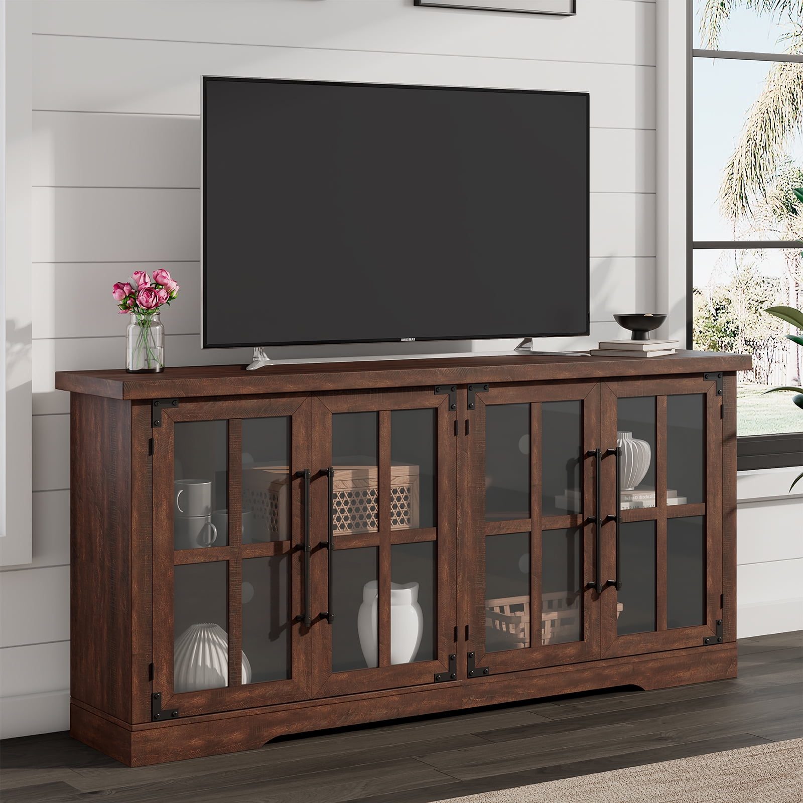 LUXOAK 63" Farmhouse TV Stand with 4 Glass Doors, Modern Buffet