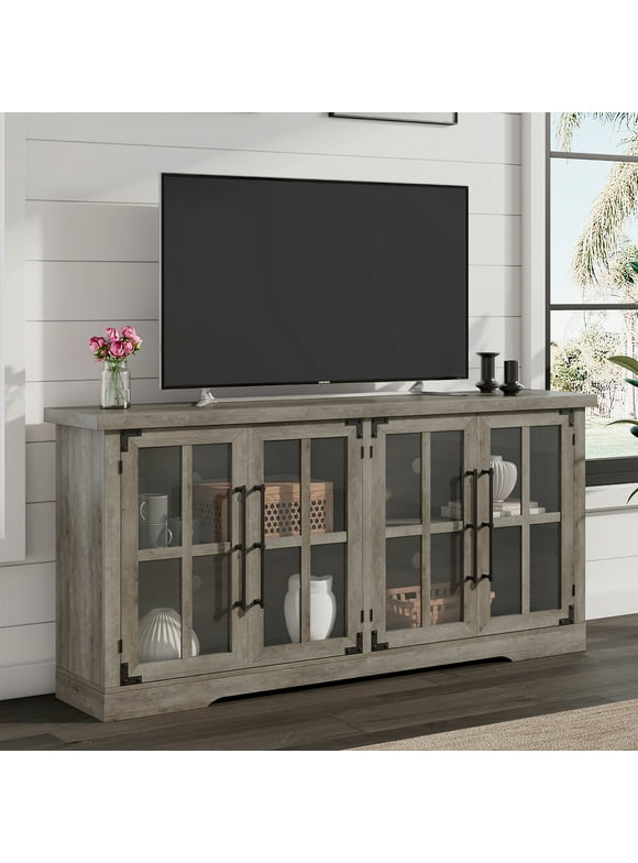 LUXOAK 63" Farmhouse TV Stand with 4 Glass Door & Strong Storage, Wash Grey