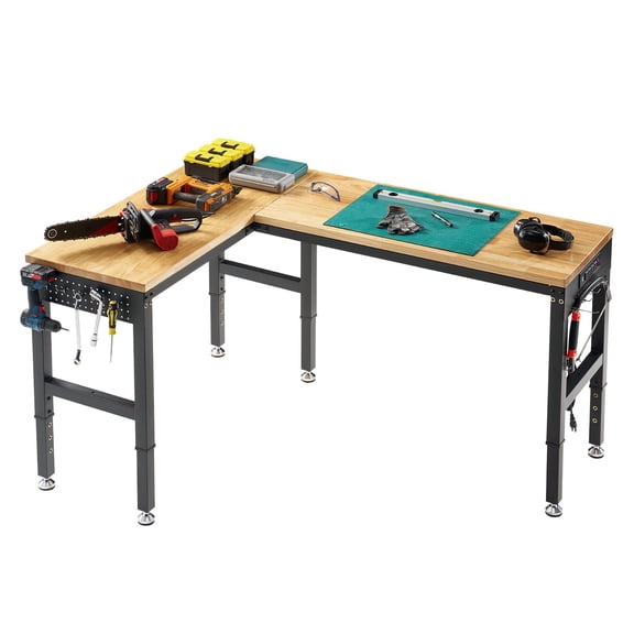 LUXOAK 68"x48" L-Shaped Workbench with Power Strip, Adjustable Height Heavy Duty Work Table with Pegboard, 6000Lbs Load Capacity, for Garage